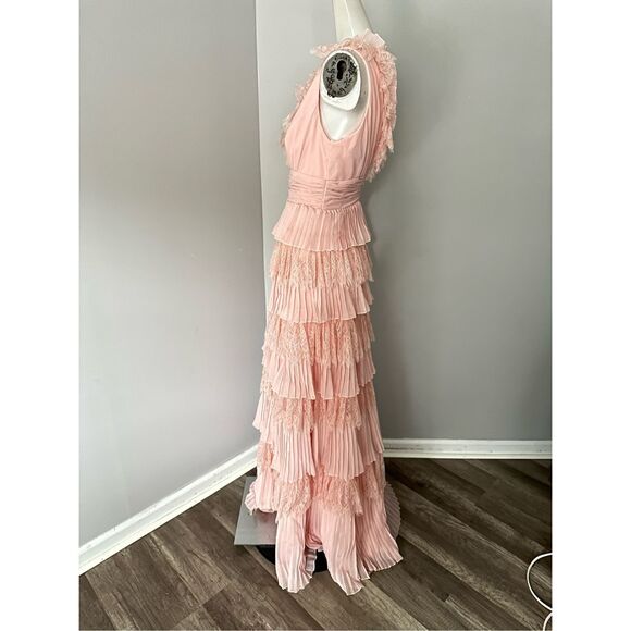 NWT Mac Duggal Sleeveless Chiffon V Neck Tiered Ruffle Dress Dusty Pink Size 2 - Picture 4 of 7